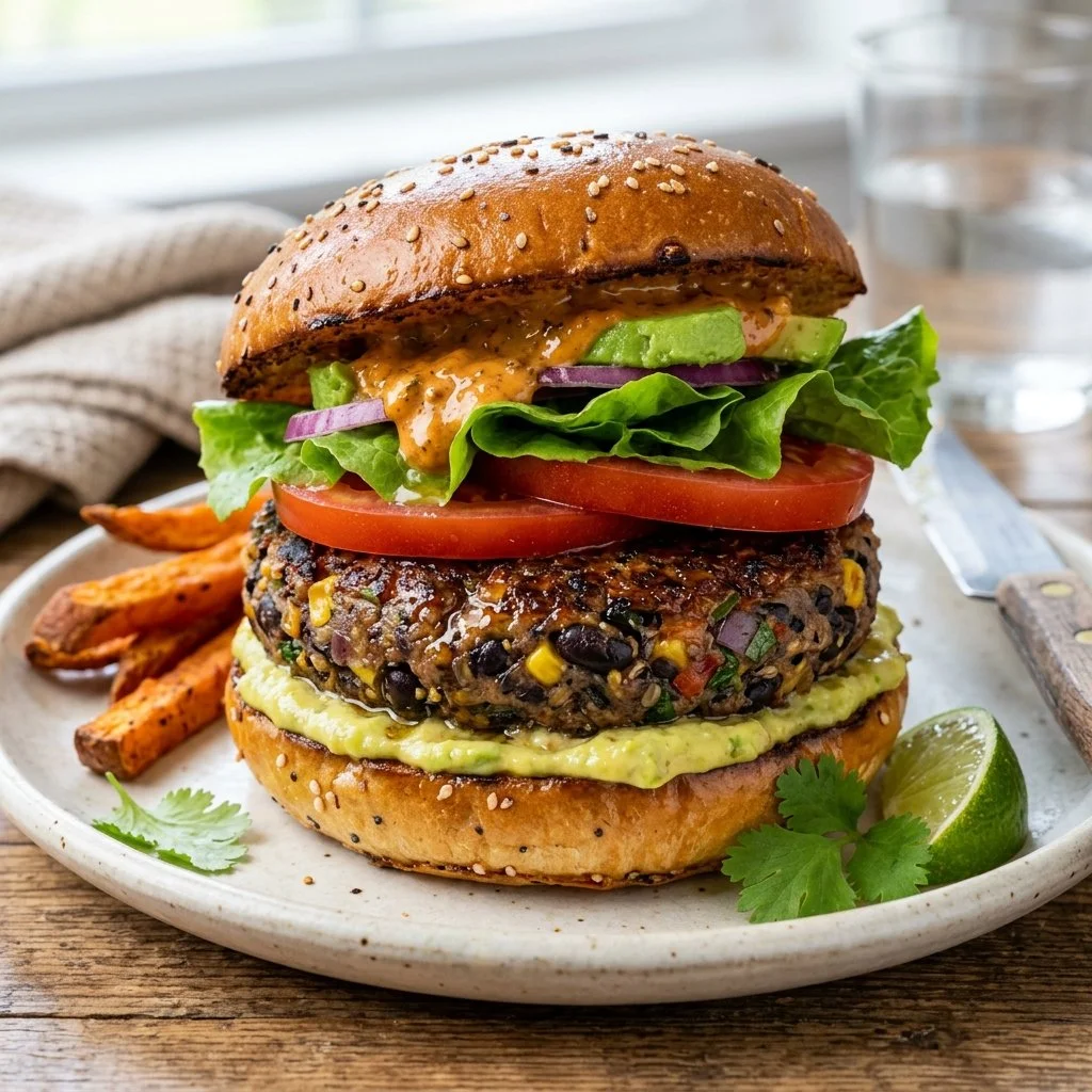 Vegan black bean burgers served on a plate with fresh toppings.