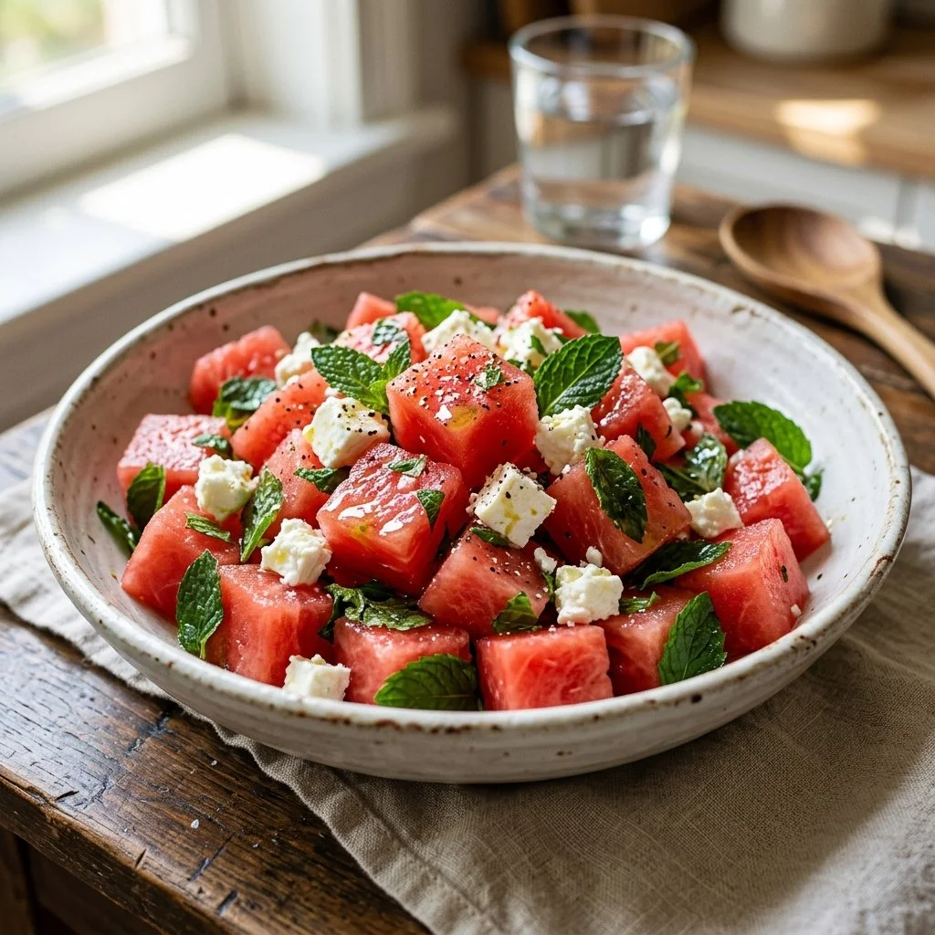 A vibrant Watermelon Feta Mint Salad garnished with fresh mint leaves.