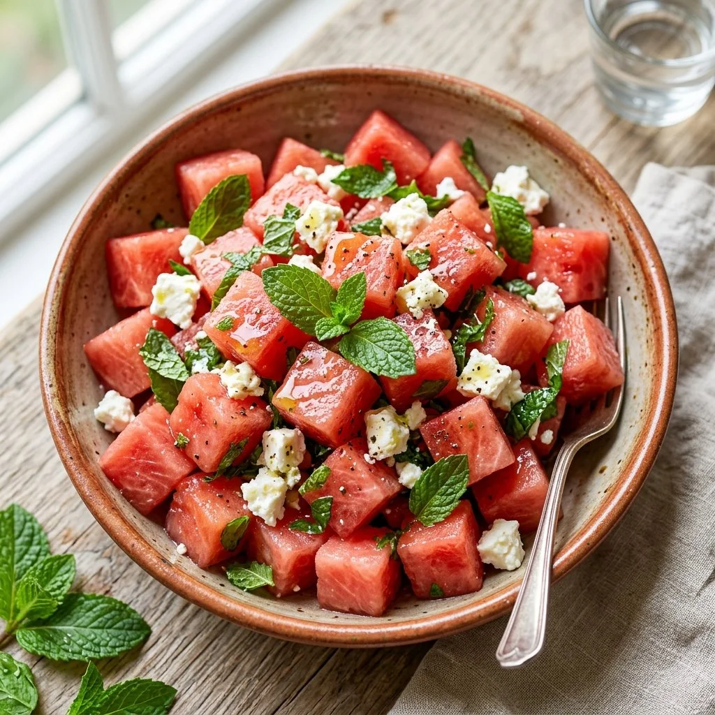 Watermelon feta mint salad with fresh herbs and vibrant colors