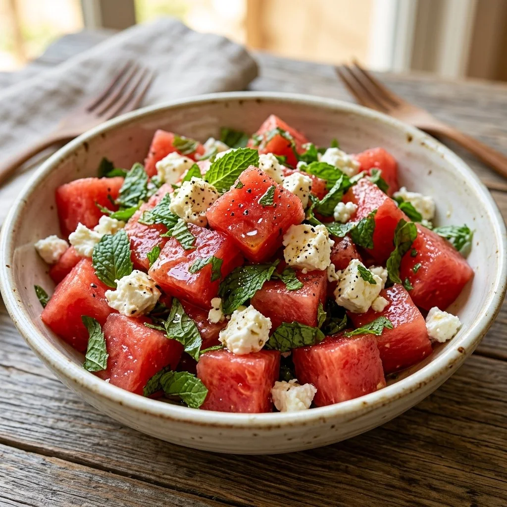 Watermelon feta mint salad in a bowl with fresh mint leaves