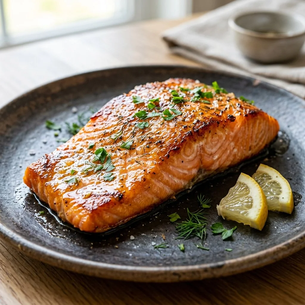 Delicious air fryer salmon served with lemon and herbs