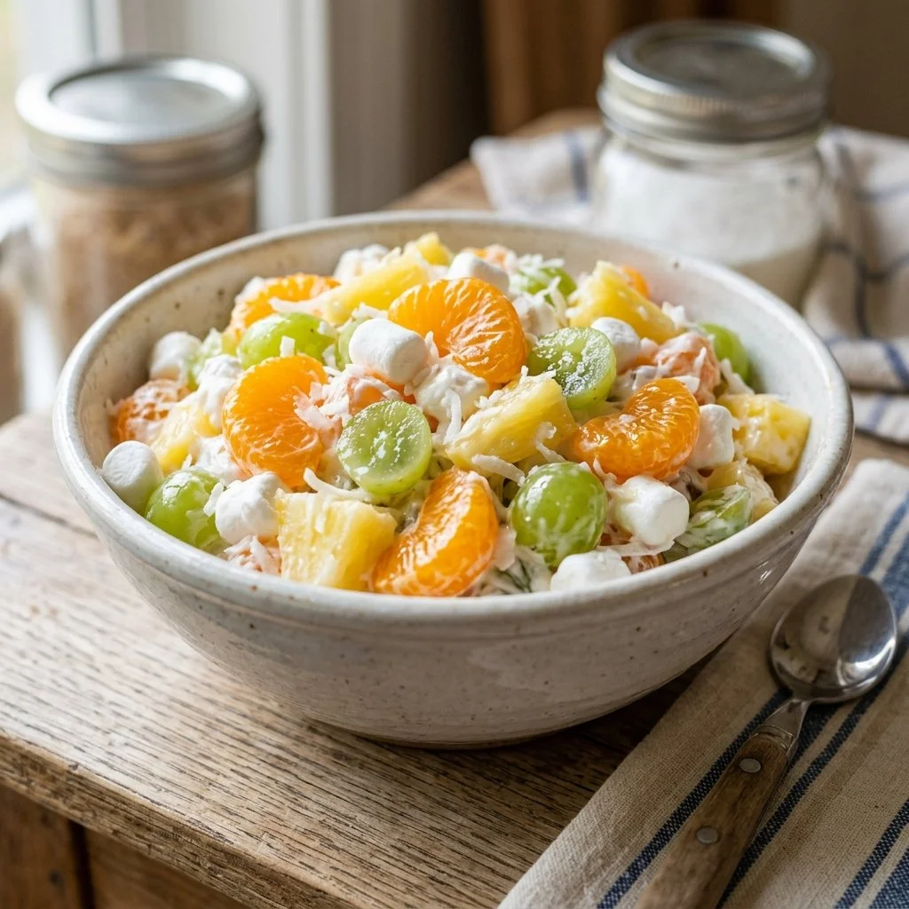 Bowl of colorful Ambrosia Salad with fruit and marshmallows