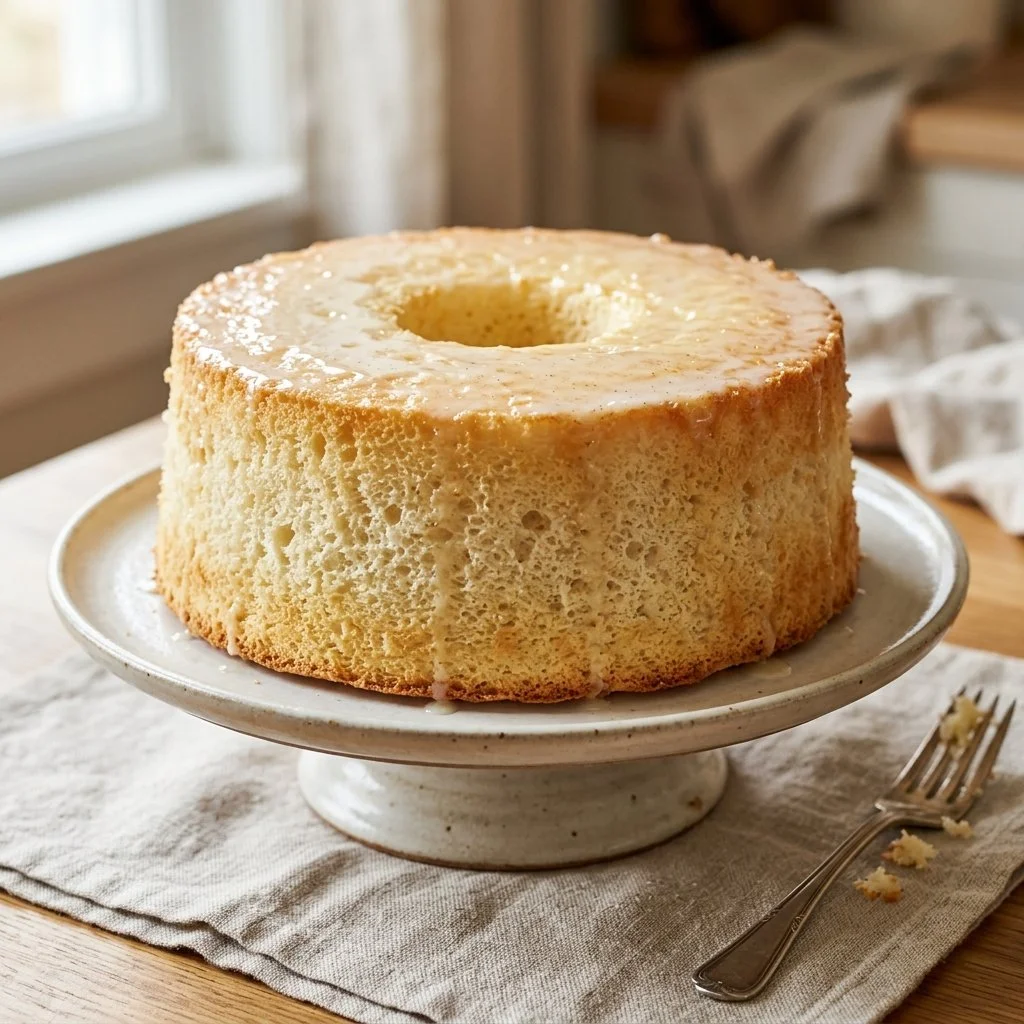 Delicious slice of homemade Angel Food Cake garnished with fresh berries