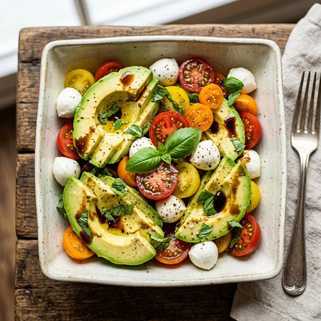 Delicious Avocado Caprese Salad with fresh tomatoes, mozzarella, and basil.
