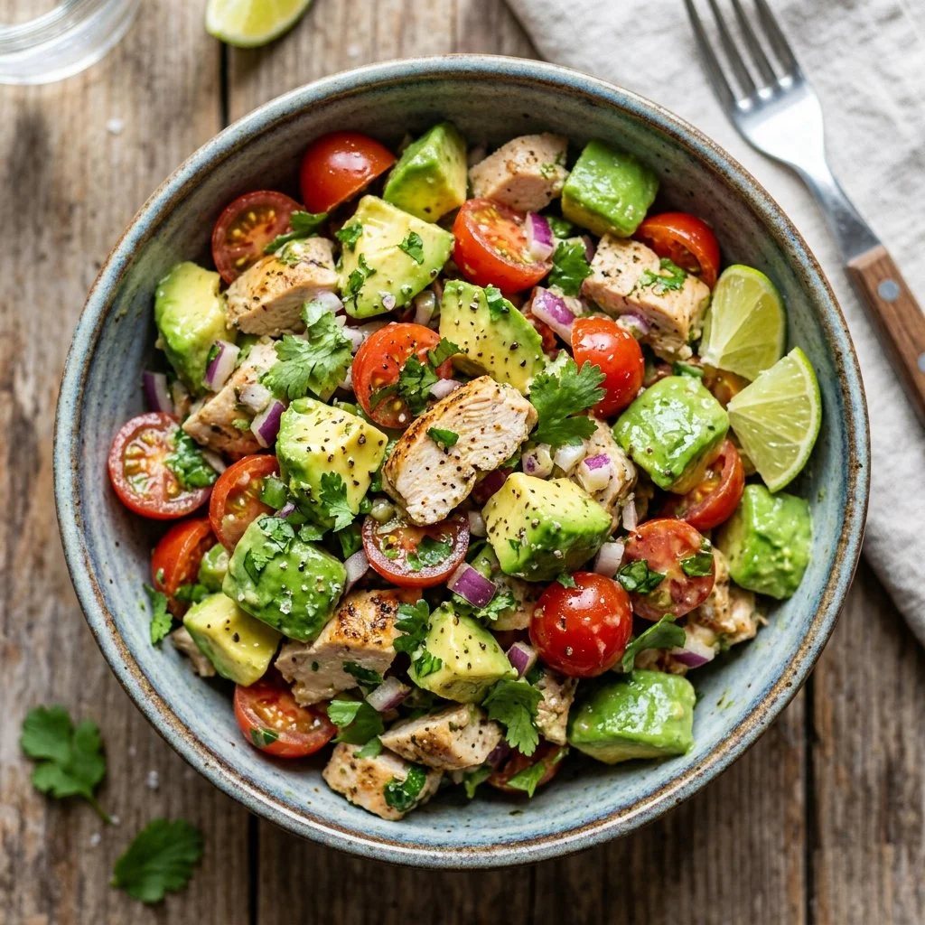 Delicious Avocado Chicken Salad served in a bowl with fresh ingredients