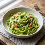 Creamy avocado cream pasta garnished with fresh herbs in a bowl