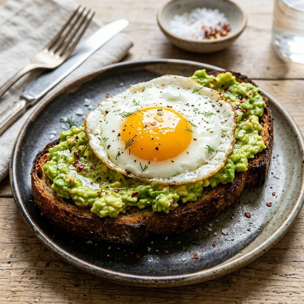 Delicious avocado toast topped with a perfectly cooked egg.