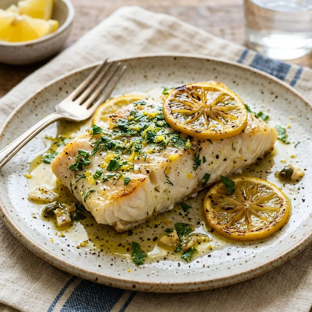 Baked cod fillet garnished with lemon slices, served on a white plate