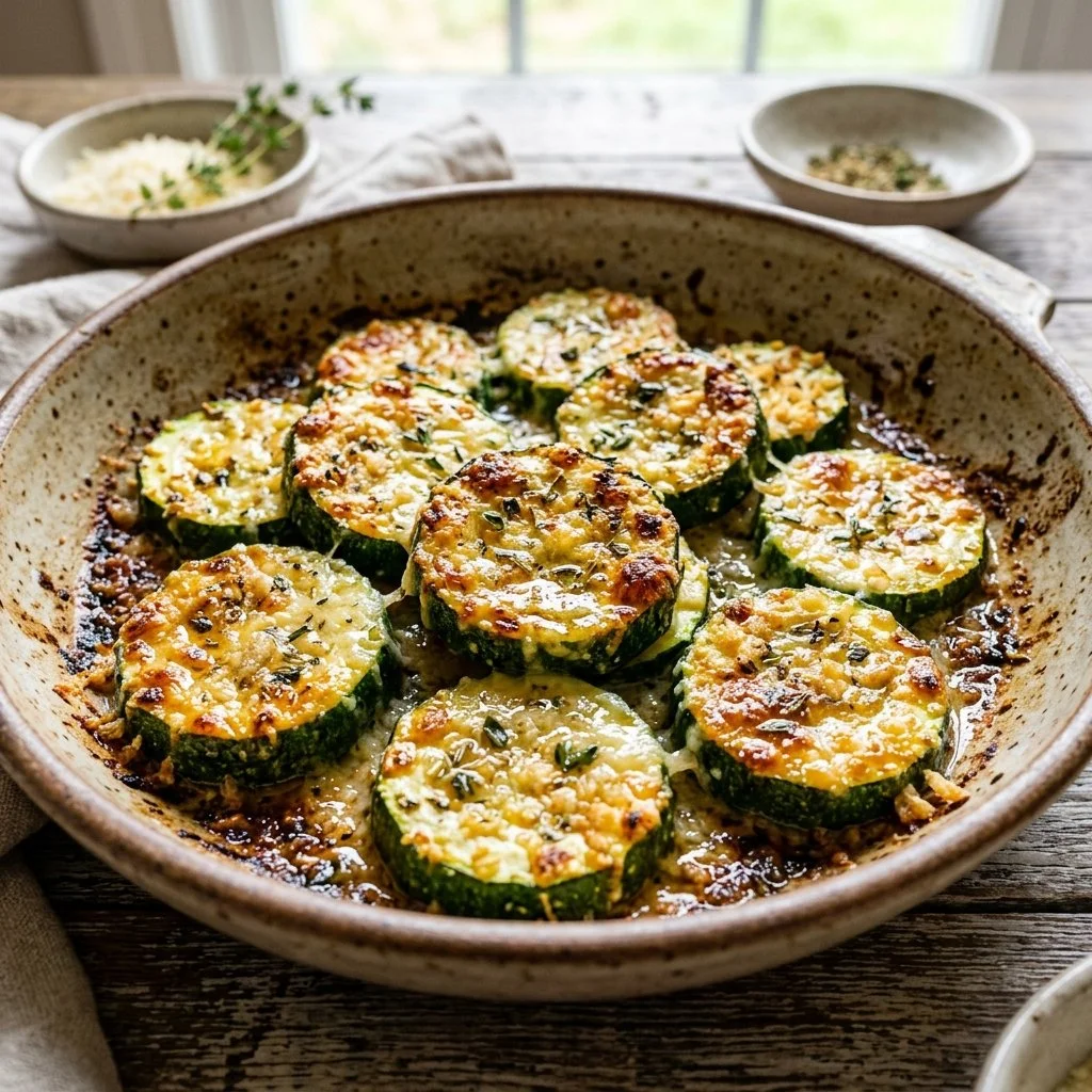 Baked Parmesan Zucchini garnished with herbs on a plate