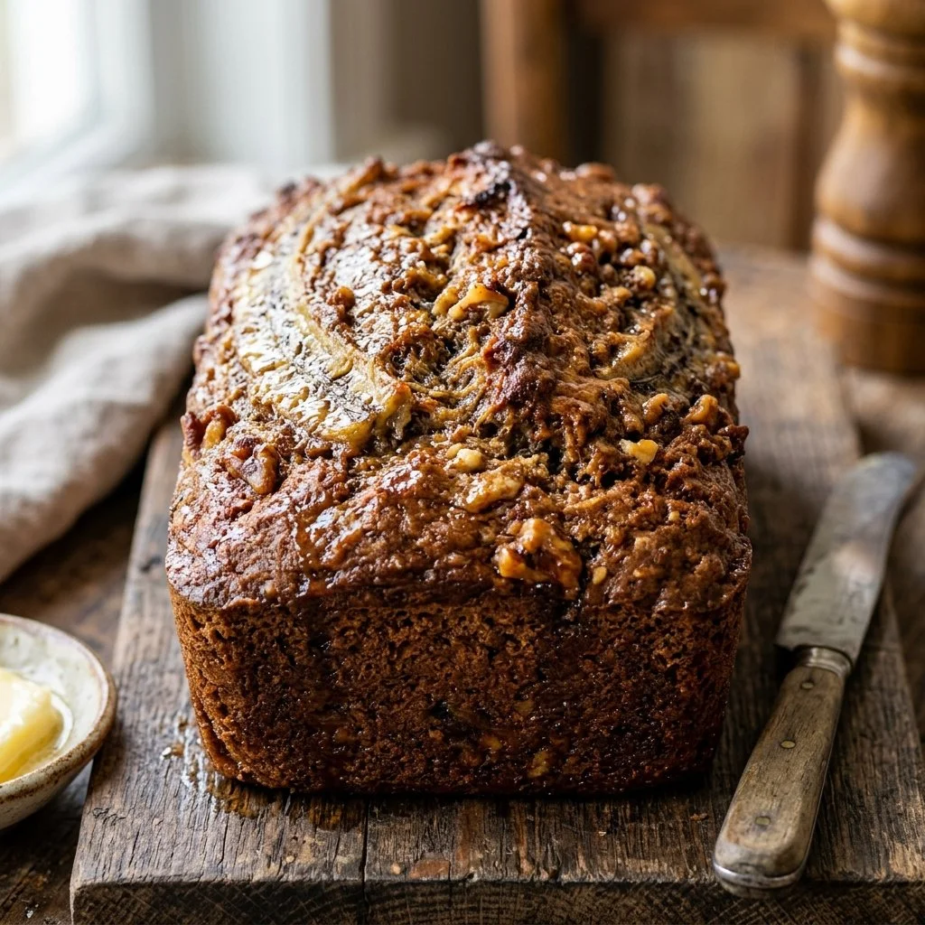 Delicious homemade banana bread fresh out of the oven with ripe bananas.