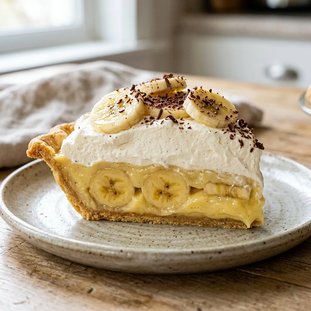 Delicious homemade Banana Cream Pie with fresh sliced bananas and whipped cream