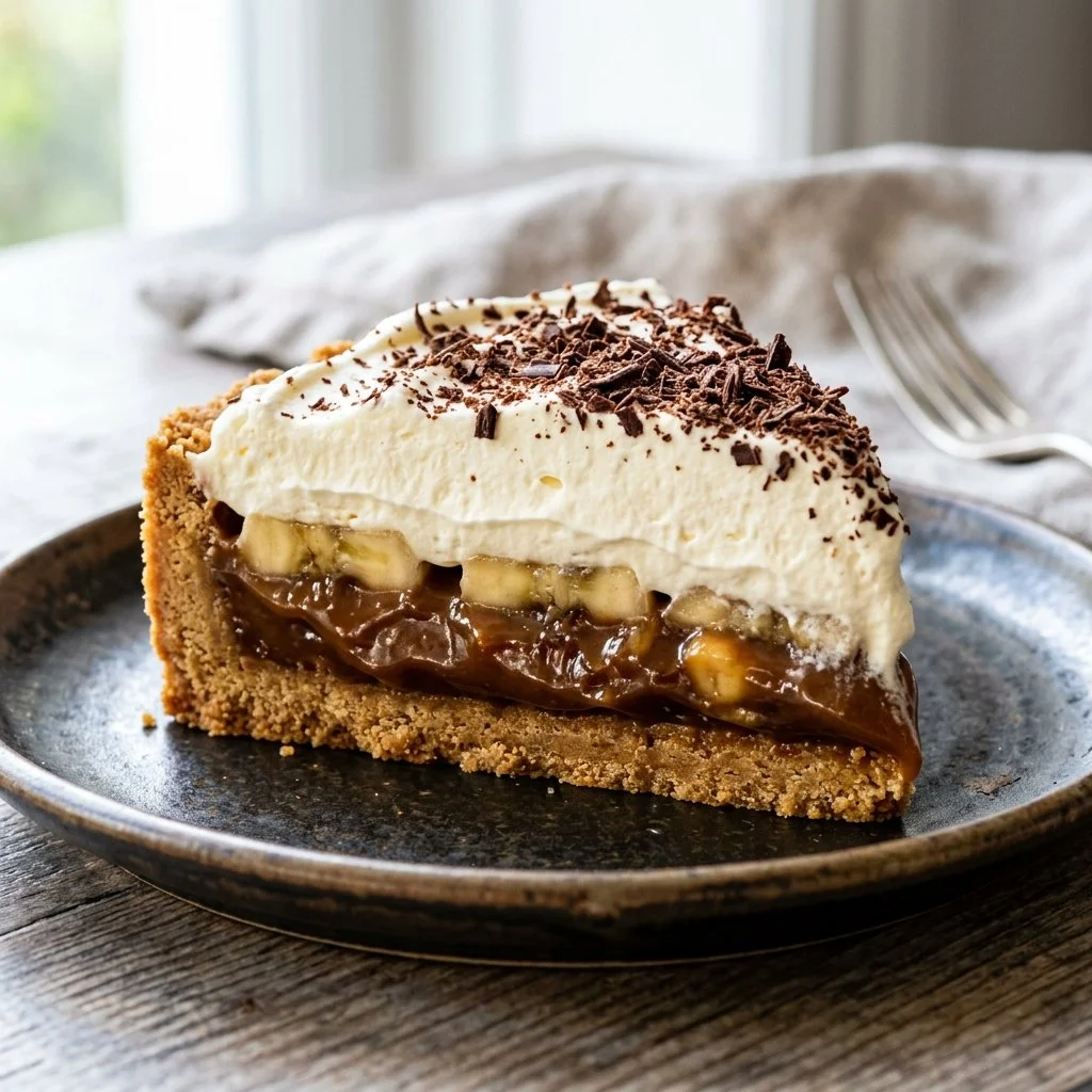 Delicious slice of Banoffee Pie with bananas and toffee cream topping