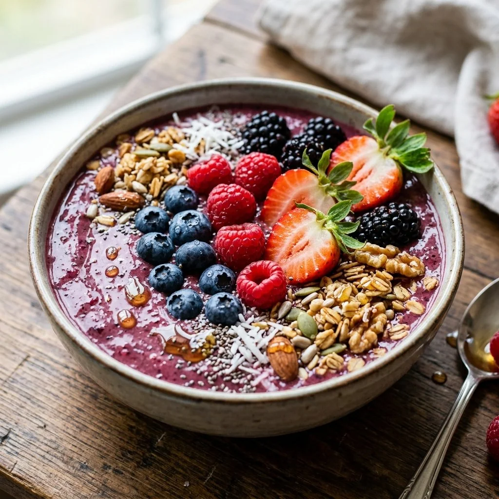 Delicious berry smoothie bowl topped with fresh fruits and nuts