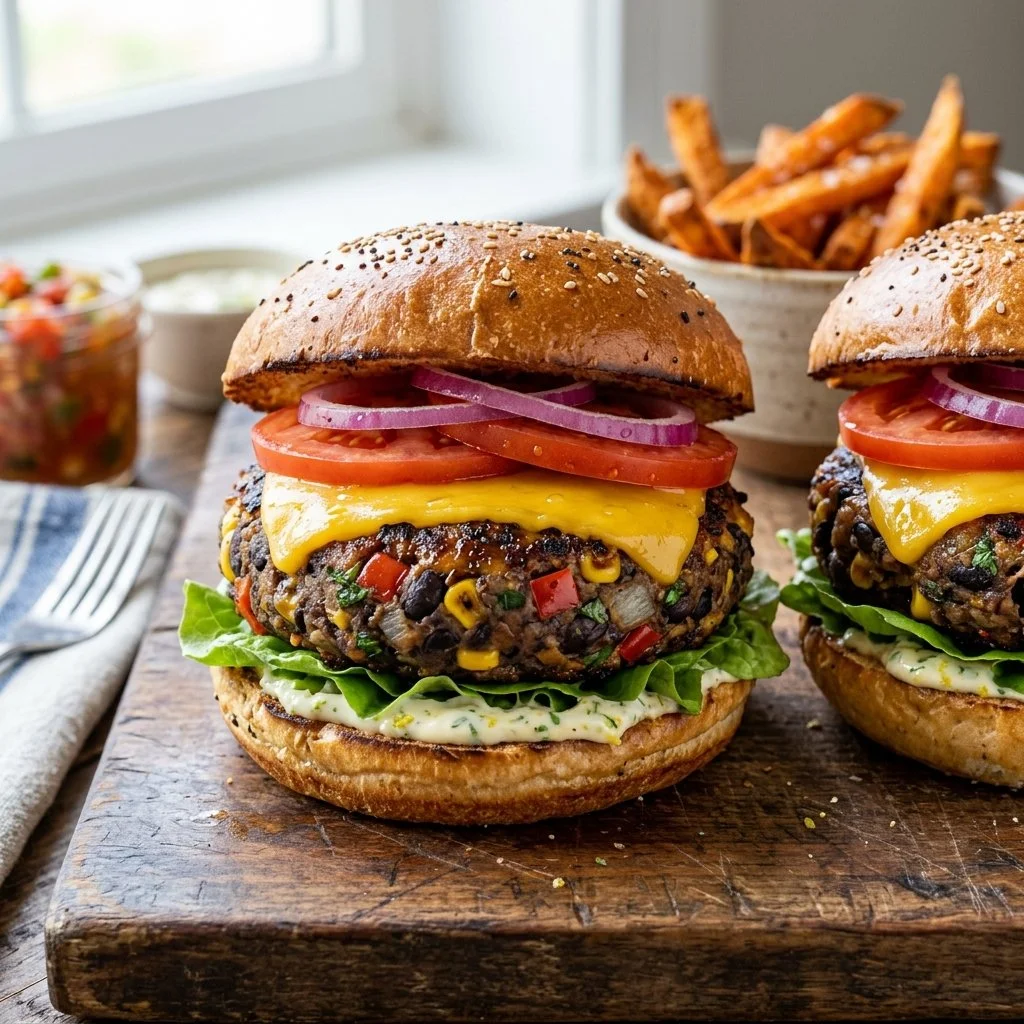 Homemade black bean burgers plated with fresh toppings and condiments.