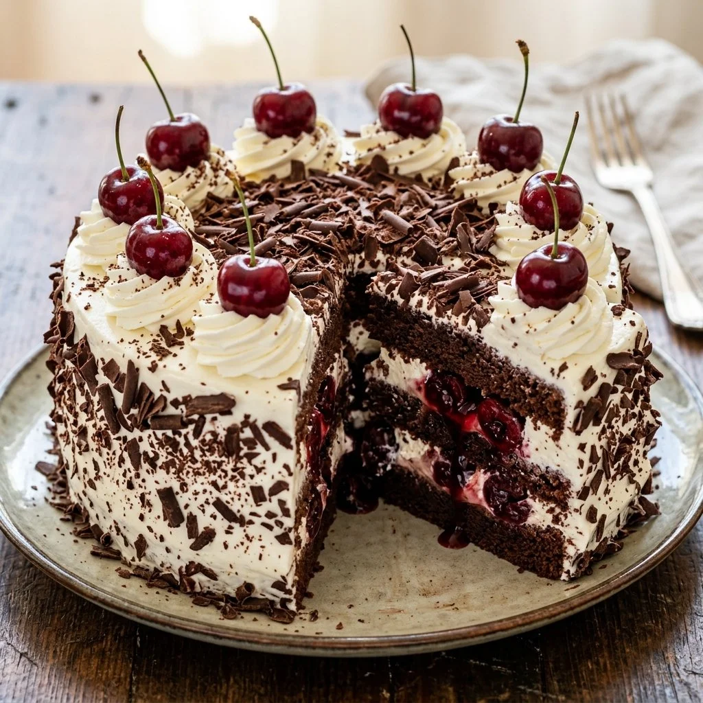 Delicious Black Forest Cake topped with cherries and whipped cream.