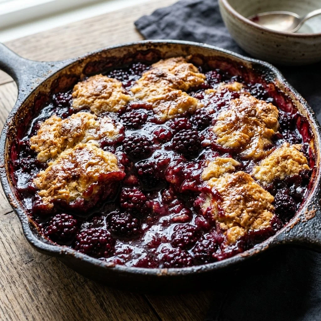 Delicious blackberry cobbler freshly baked with juicy blackberries