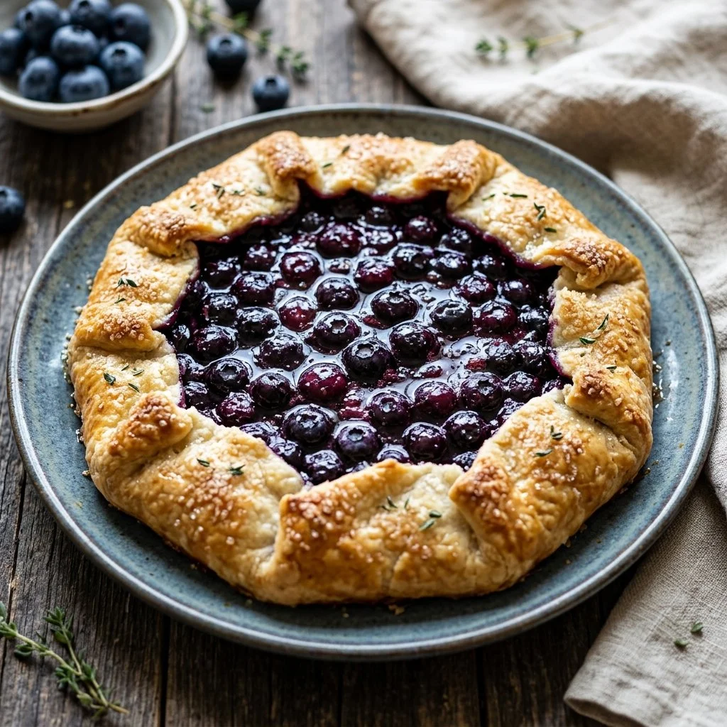 Homemade blueberry galette with fresh blueberries on a wooden table