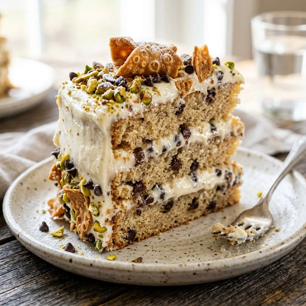 A delicious slice of Cannoli Cake topped with creamy ricotta and chocolate chips.
