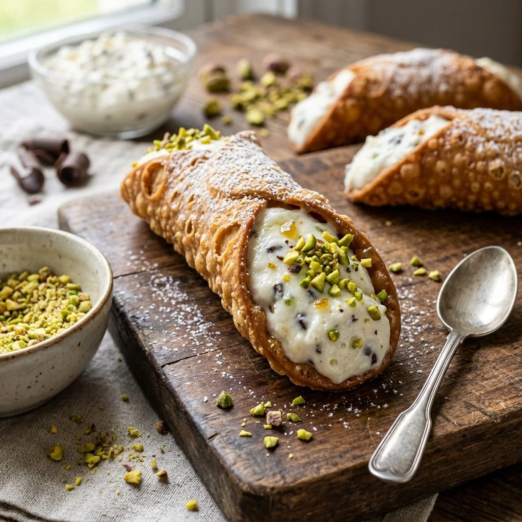 Freshly made cannoli with ricotta filling on a rustic wooden table