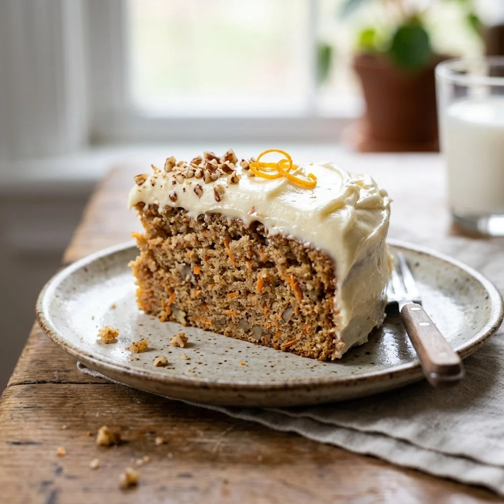 Delicious homemade carrot cake topped with cream cheese frosting