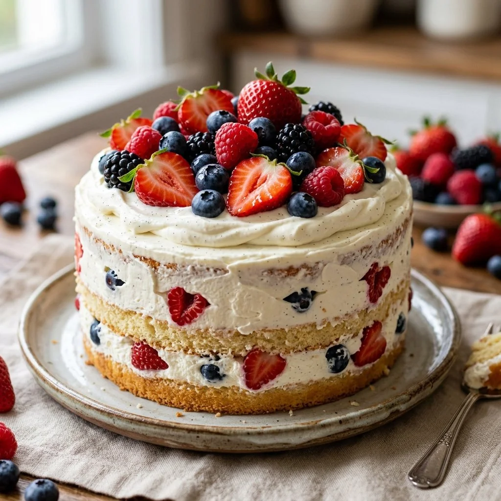 A delicious slice of Chantilly Cake topped with fresh berries and whipped cream.