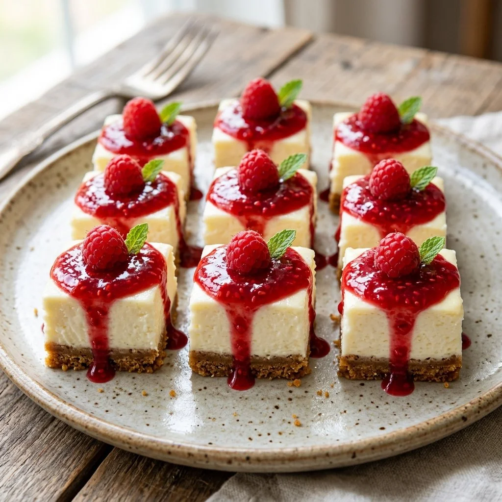 Delicious cheesecake bites on a plate, perfect for desserts and parties.