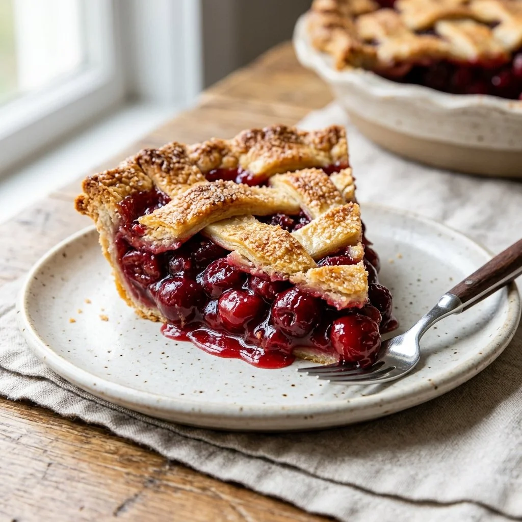 Delicious homemade cherry pie with flaky crust and juicy cherry filling.