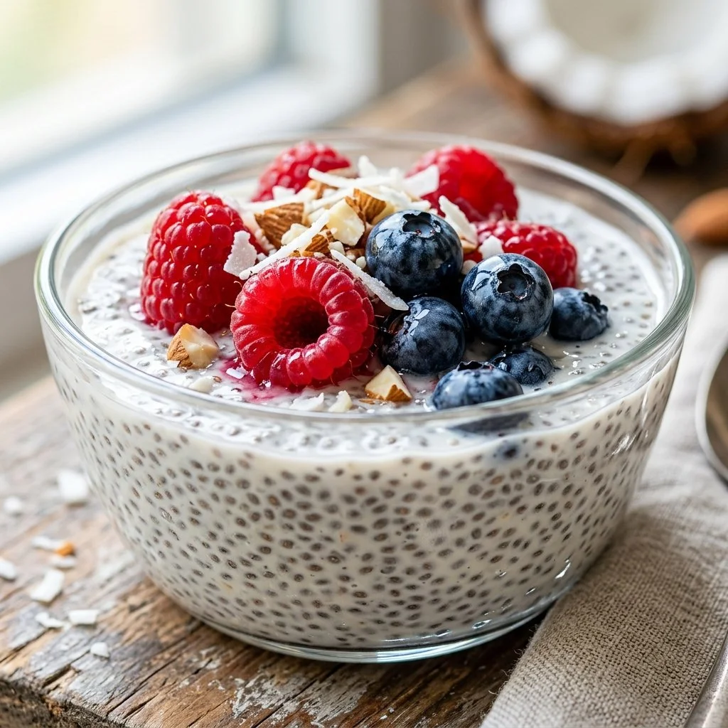 Chia seed pudding topped with fresh fruits and nuts in a glass bowl
