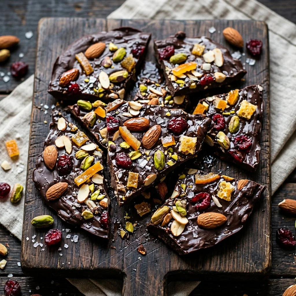Delicious chocolate bark with nuts and dried fruits on a wooden table