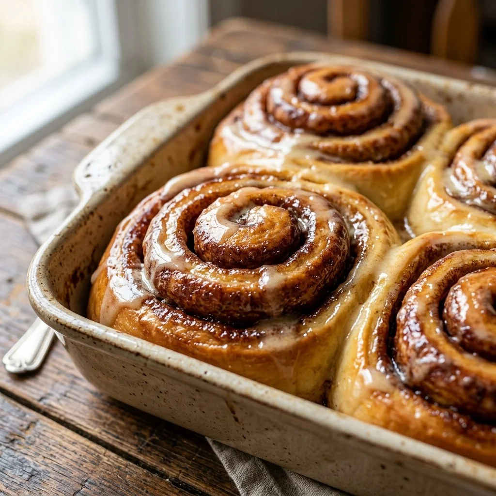 Delicious homemade cinnamon rolls with icing on a wooden table