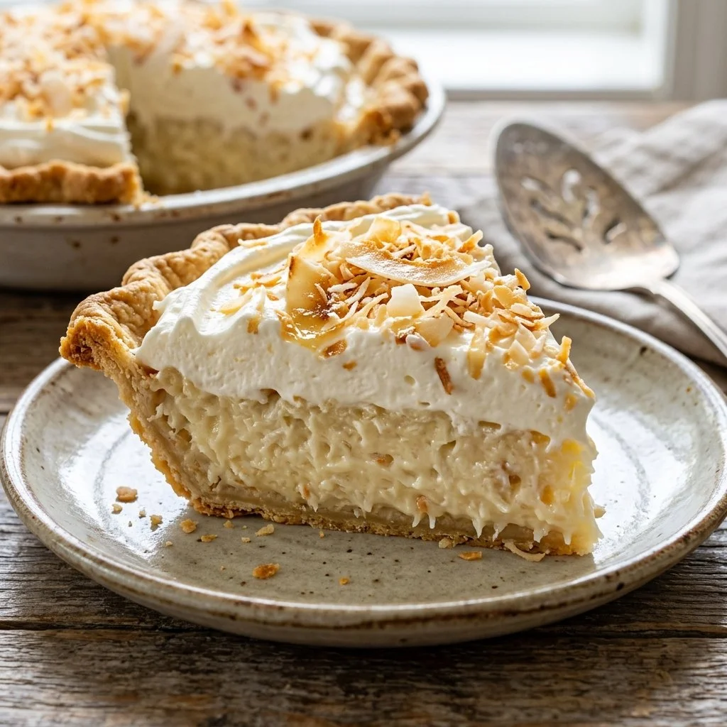 Delicious homemade Coconut Cream Pie with whipped cream and toasted coconut.