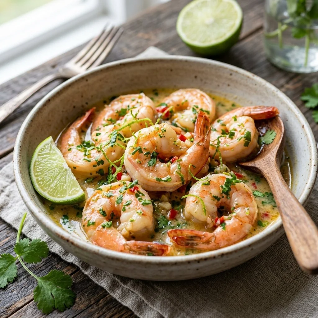 Delicious Coconut Lime Shrimp served with a lime wedge and fresh cilantro.