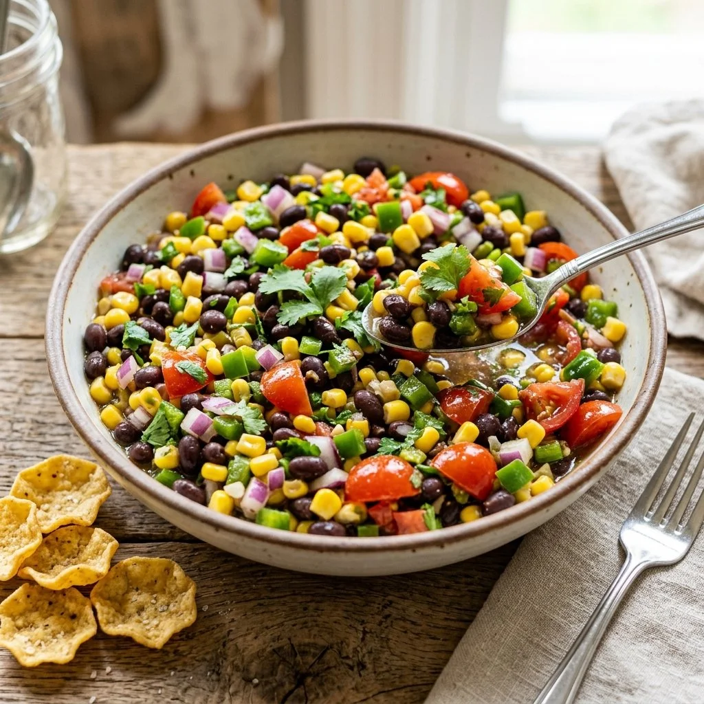Bowl of colorful Cowboy Caviar salad with beans and vegetables