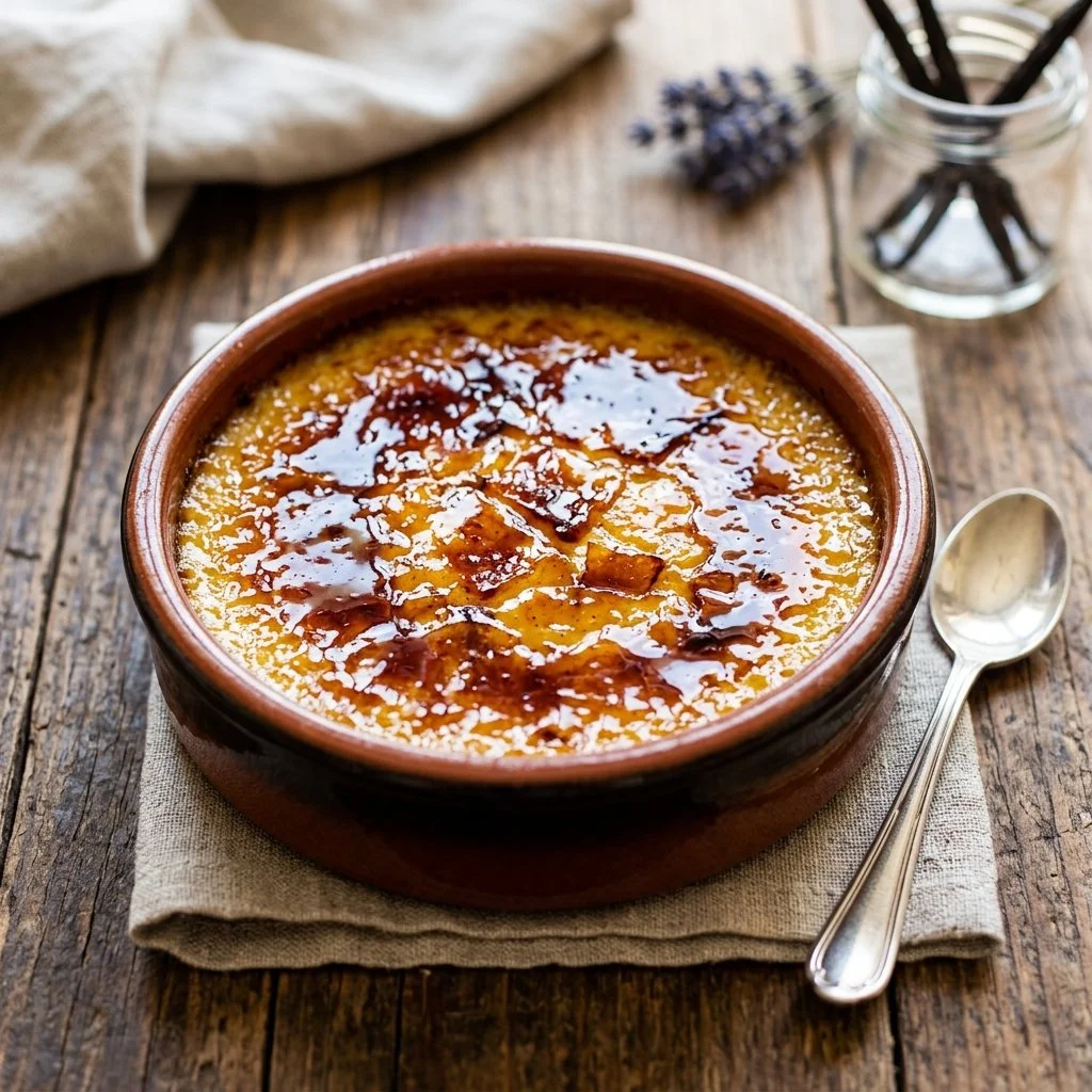 Delicious Creme Brulee dessert with caramelized sugar topping in a beautiful dish.