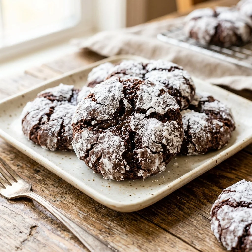 Delicious crinkle cookies dusted with powdered sugar on a plate.