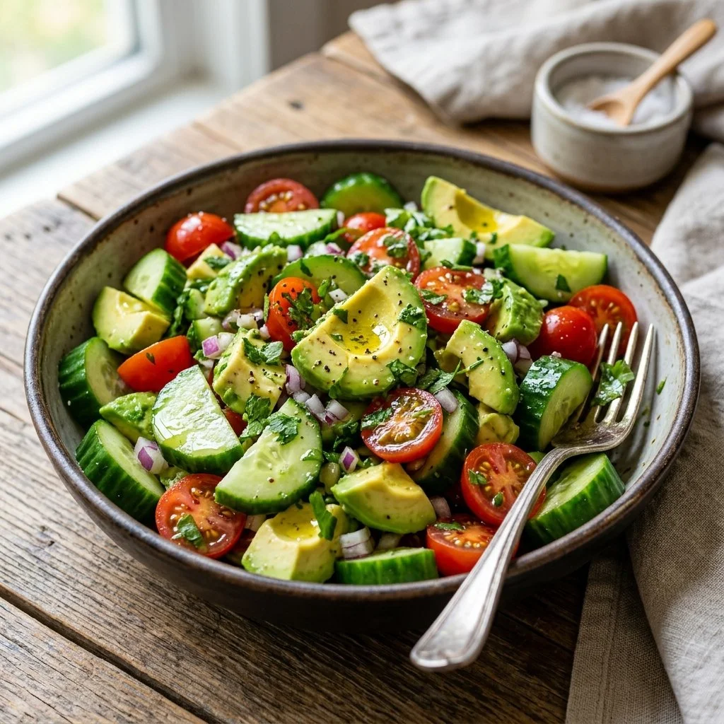 Fresh cucumber avocado salad with diced vegetables and a drizzle of dressing