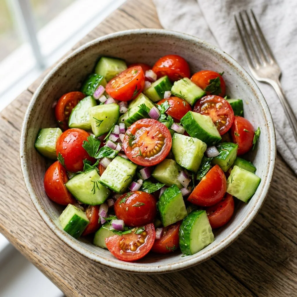 Fresh Cucumber Tomato Salad with herbs and dressing