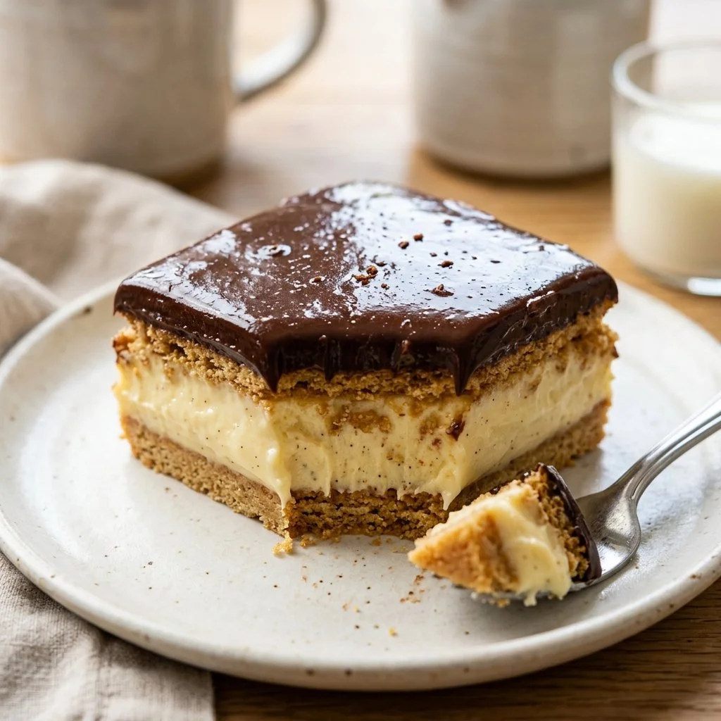 Delicious Eclair Cake topped with chocolate frosting and whipped cream layers.
