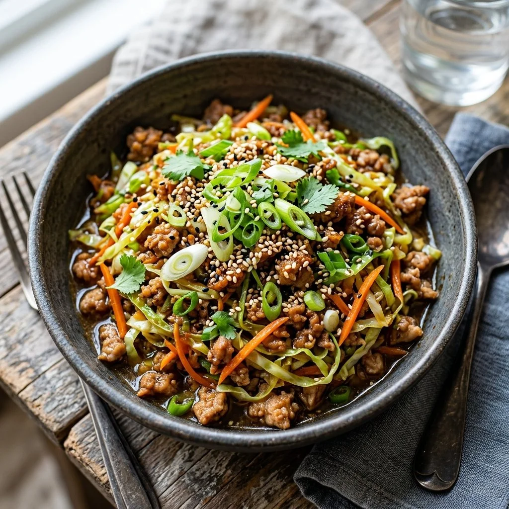 Healthy Egg Roll in a Bowl filled with vegetables and protein