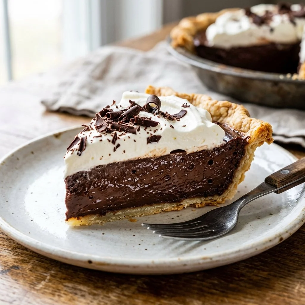 Delicious homemade French Silk Pie with chocolate filling and whipped cream topping.