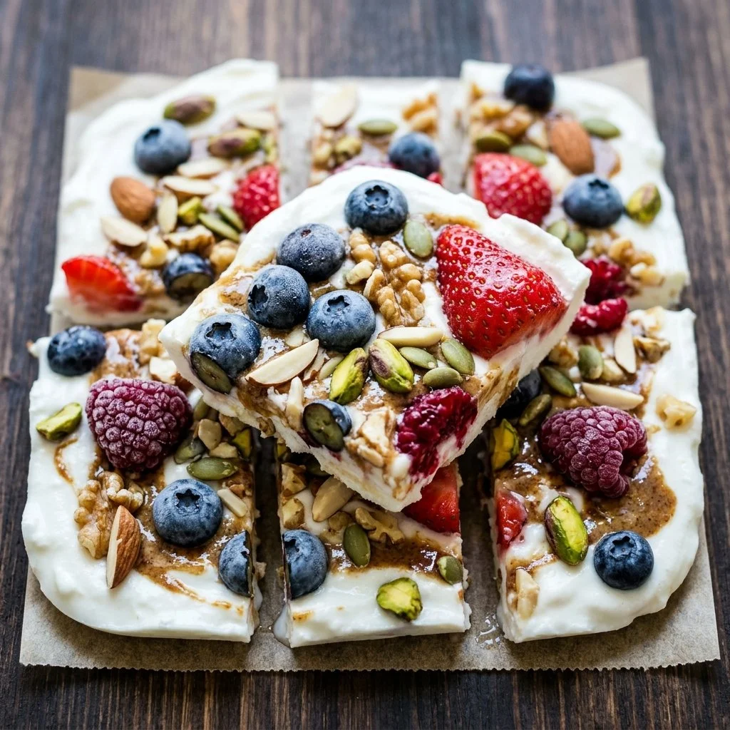 Homemade frozen yogurt bark topped with fruits and nuts