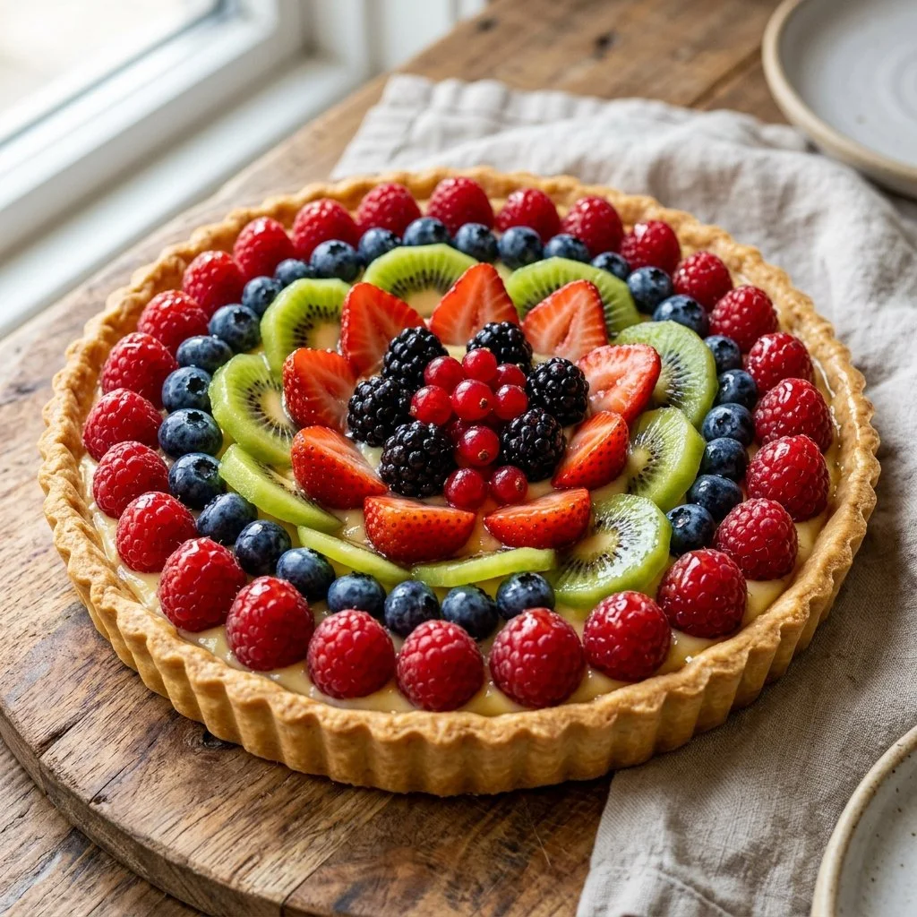 Colorful fruit tart topped with fresh strawberries, blueberries, and kiwi slices.
