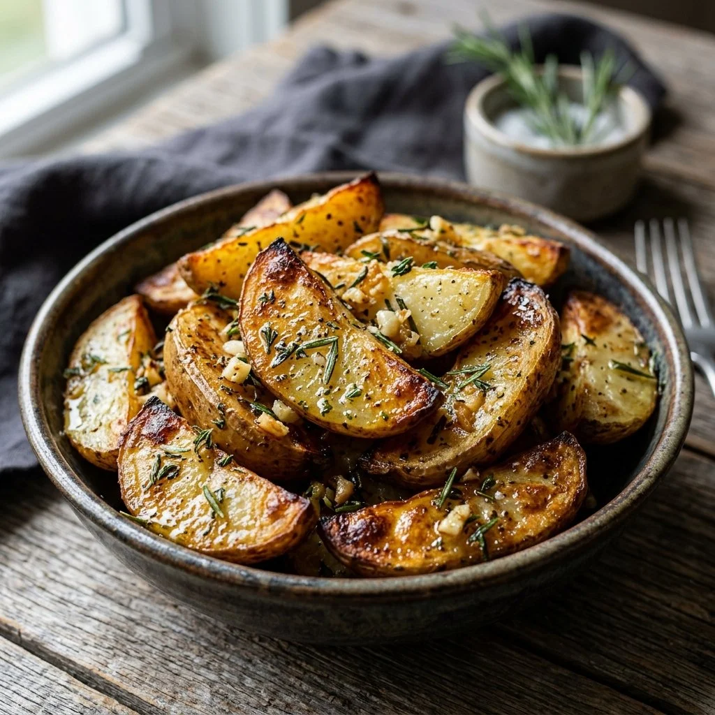 Delicious garlic herb roasted potatoes on a baking tray.