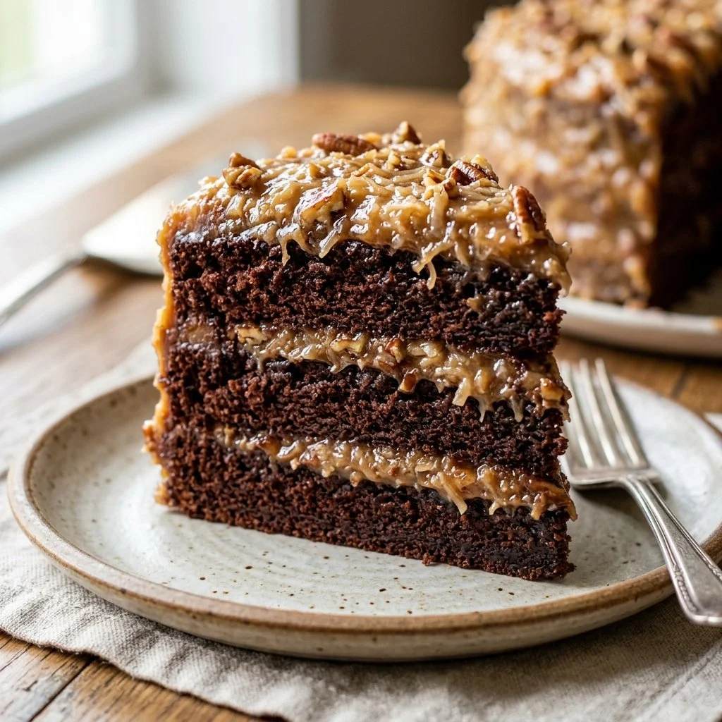Delicious slice of German Chocolate Cake with coconut and pecan frosting