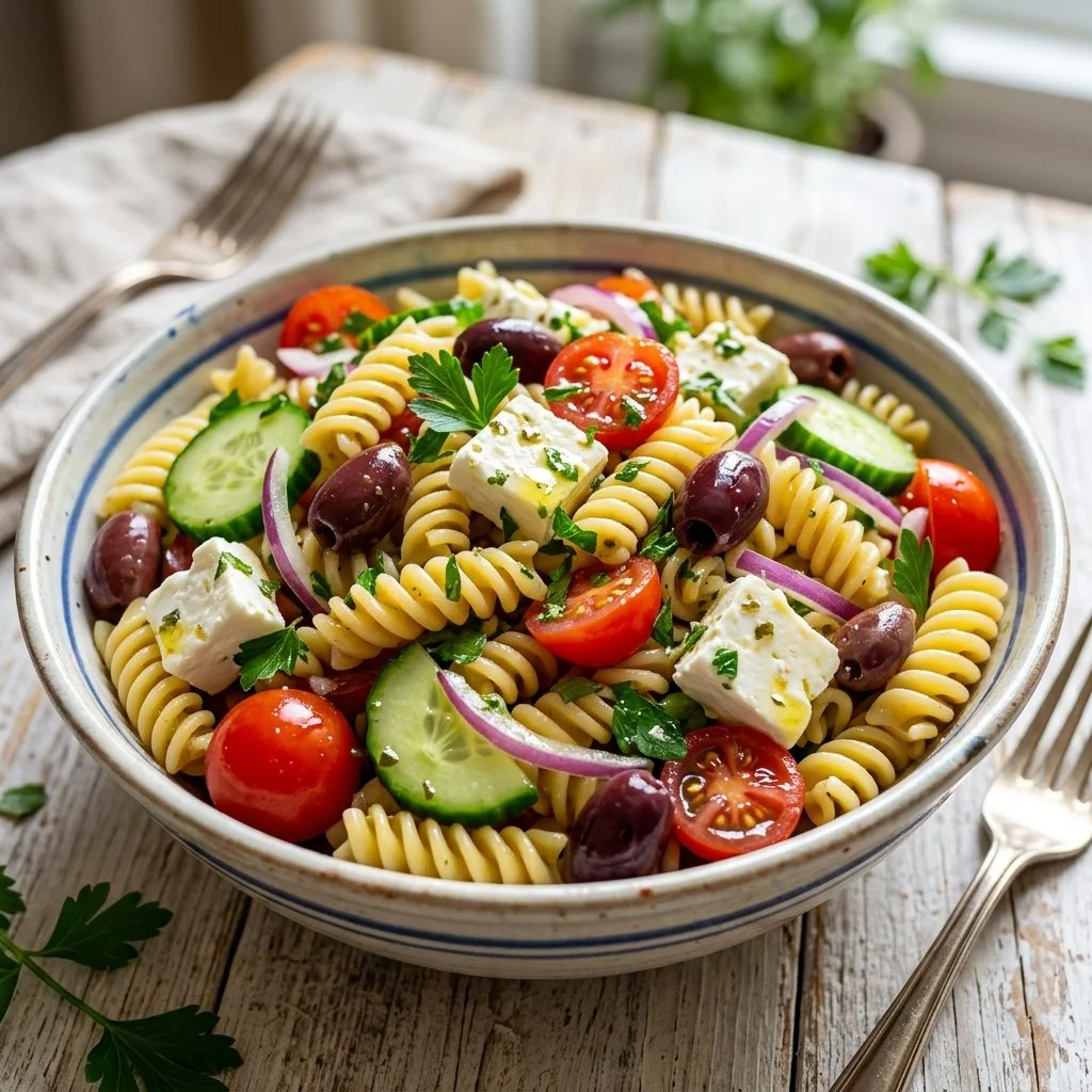 A colorful bowl of Greek Pasta Salad with olives, feta, and fresh veggies.