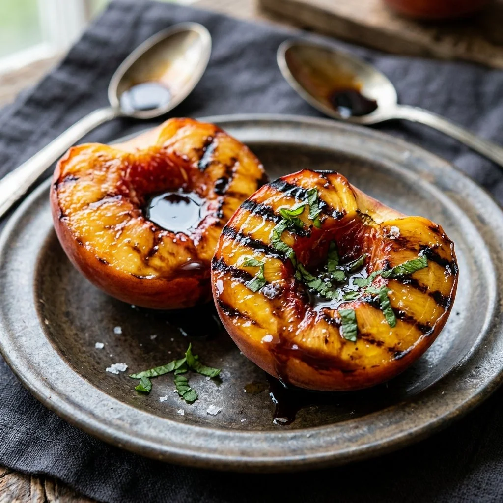 Delicious grilled peaches drizzled with balsamic glaze on a serving plate.