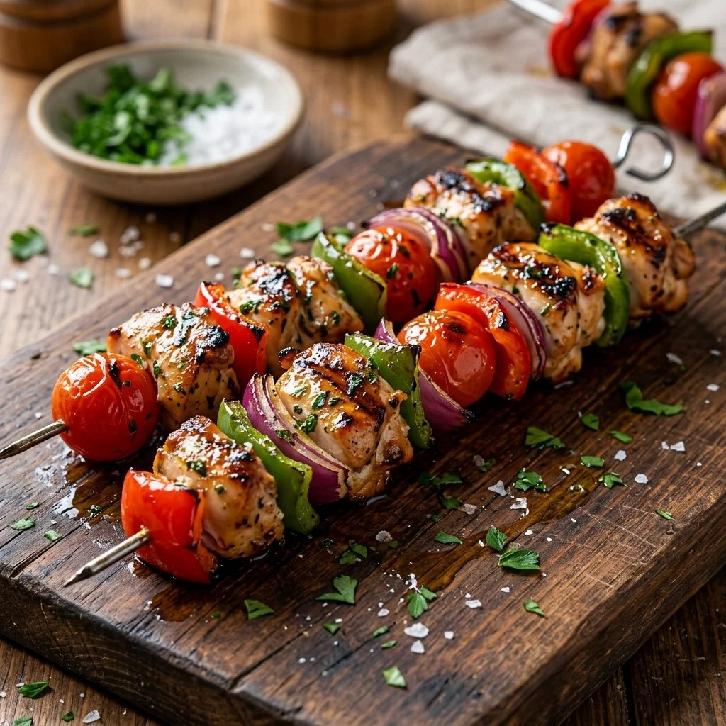 Delicious grilled chicken kabobs served with colorful vegetables on skewers