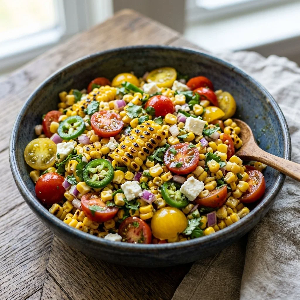 Delicious grilled corn salad with fresh vegetables and herbs