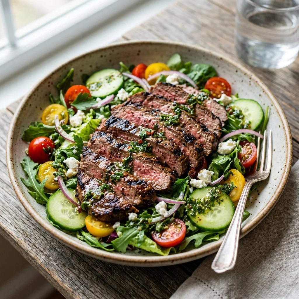 Grilled flank steak salad with colorful veggies and dressing