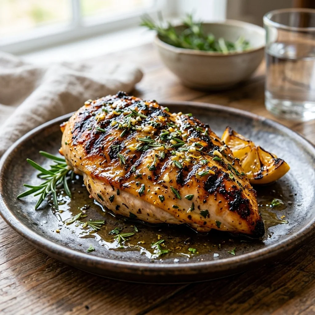 Grilled Lemon Herb Chicken garnished with fresh herbs and lemon slices on a plate